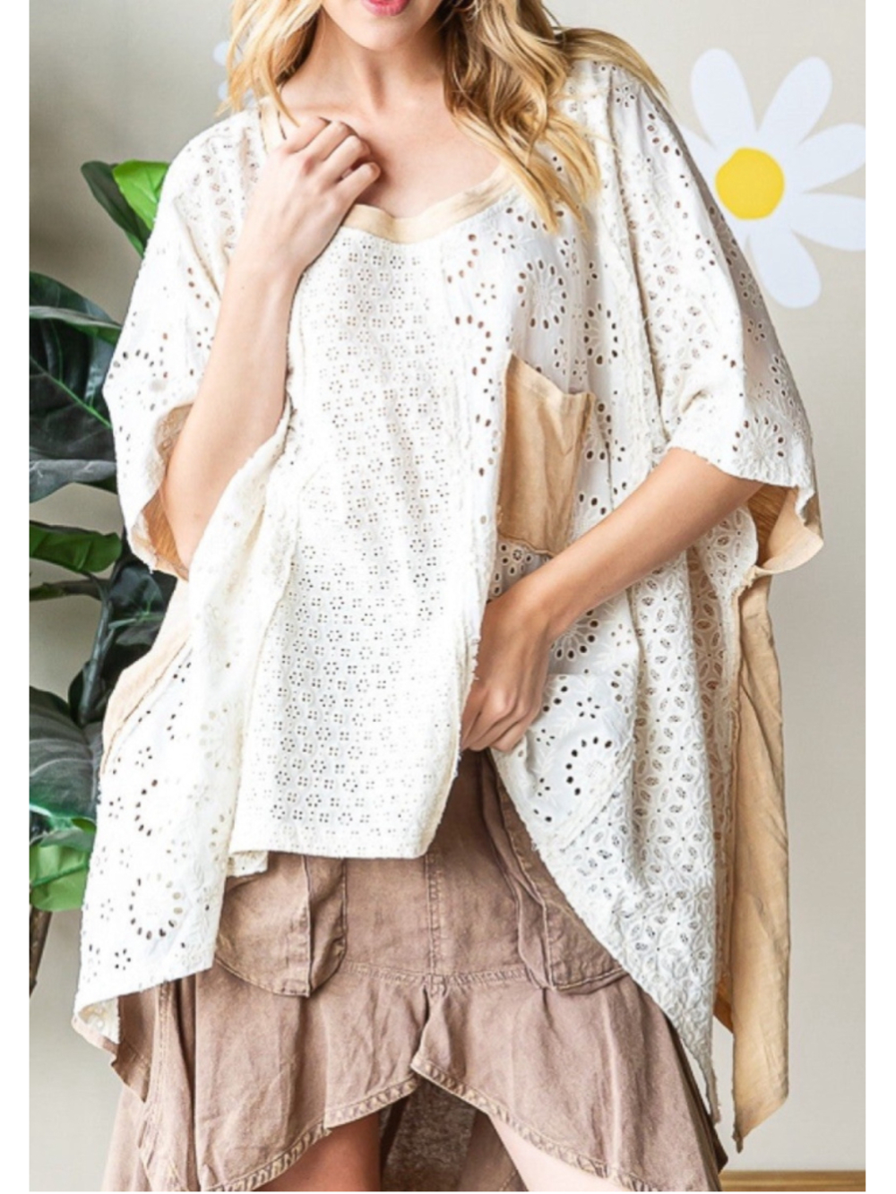 Oli & Hali XL Boho Eyelet Lace Top Tan & Cream Oversized Cottagecore Cotton - Picture 4 of 10